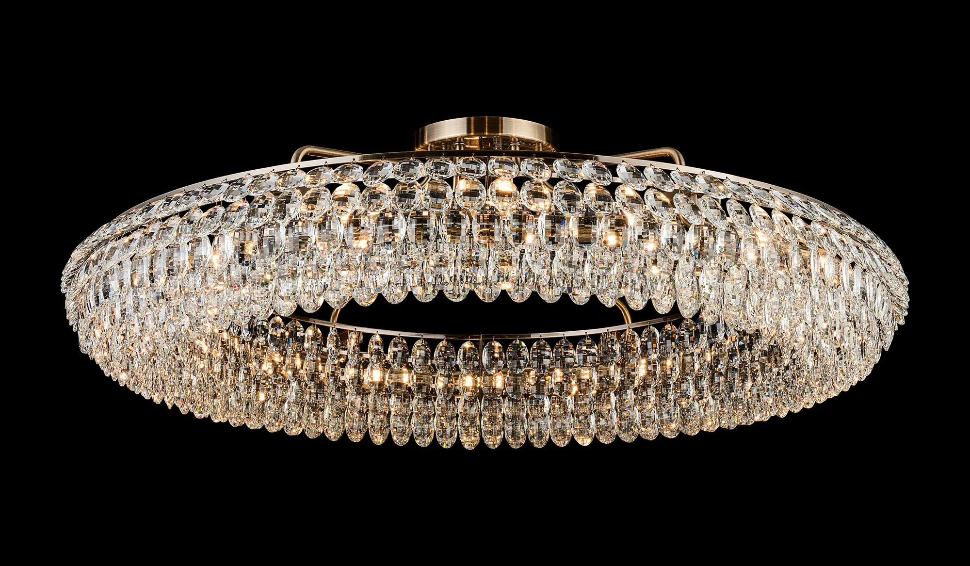 IL32934AB  Coniston 1.1m Semi Flush Ring Ceiling, 18 Light E14, Antique Brass/Crystal Item Weight: 31kg